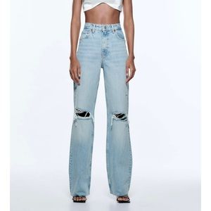 Zara Wide Leg Full Length Ripped Jeans Light Blue